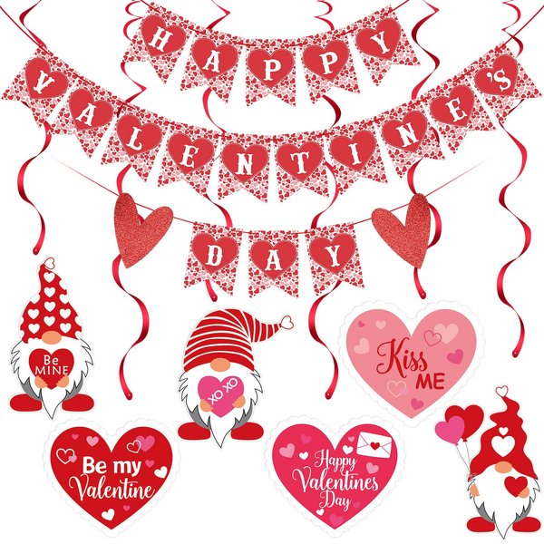Red Happy Valentines Day Banner and Valentines Hanging Heart Swirls Decorations Valentines Day Banner for Happy Valentines Day Decorations Valentines Hanging Decorations