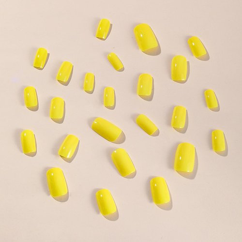 Yellow Press on Nails Medium Coffin Fake Nails with Glue Glossy Stick on Nails Solid Color False Nails with Designs Square Full Cover Acrylic Nails Reusable Artificial Nails for Women and Girls 24PCS