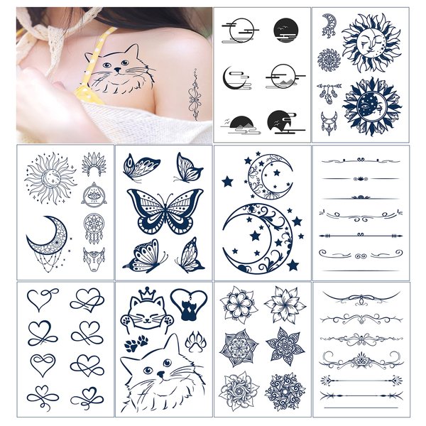 TopFunny Semi Permanent Tattoos for Women Men Girls, Waterproof and Long-Lasting 1-2 Weeks Tattoos, Realistic Fake Tattoos Stickers Flower Butterfly Moon