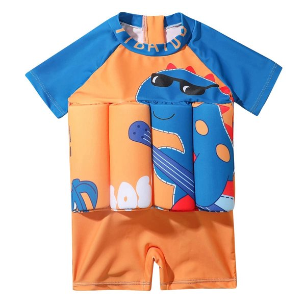 IBTOM CASTLE Kids Float Swimsuit with 8 Adjustable Buoyancy Sticks for Baby Boys Girls One Piece Floating Swim Vest Training Aid Swimwear Orange - Short Sleeve 2-3T