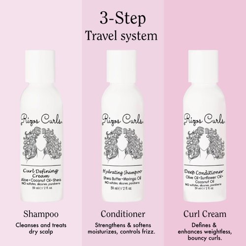 Rizos Curls Trio Travel Kit, Travel Hydrating Shampoo & Deep Conditioner & Curl Cream Bundle, Gently Cleanse and Hydrate, Style & Define Curls for Frizz Free Volume