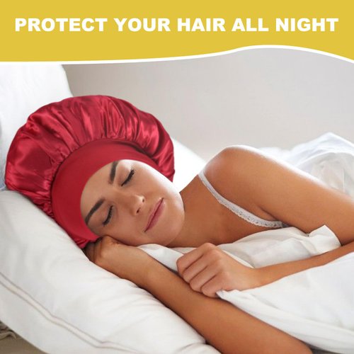 Selalu 2Pcs Satin Bonnet for Sleeping, Silk Hair Wrap for Curly Hair with Elastic Wide Band, Black Satin Bonnet for Women (Black, Red)