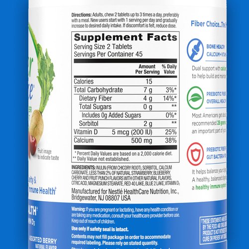 Fiber Choice Bone Health Daily Prebiotic Fiber Chewable Tablets with Calcium & Vitamin D, Assorted Berry, 90 Count (Pack of 2)