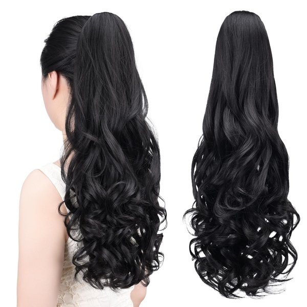 Tiklans Black Ponytail Extension,22" Clip in Ponytail Extension for Women Long Ponytail Hair Extension Synthetic Heat Friendly Fiber for Girls