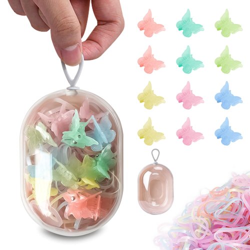 Cocplok Girls' & Kids' Butterfly Hair Claw Clips Set of 12 & Colorful Elastic Bands 100 Pack - Adorable Gift Box Perfect for Toddlers, Little Girls, and Kids (Pink)