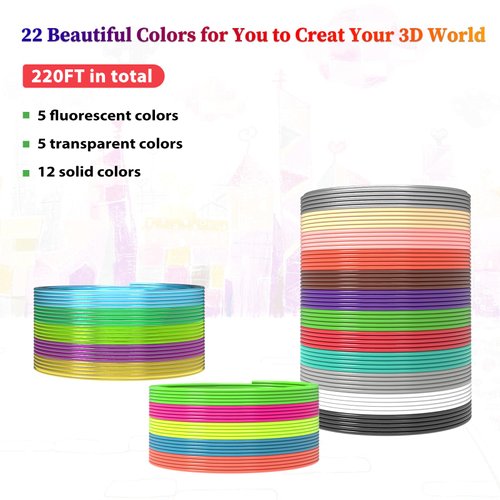 3Dgenius 22 Colors 3D Pen Filament 1.75mm PLA, Each Color 10 Feet, Total 220 Feet 3D Pen Filament Refills 3D Printing Pen Refills with High-Precision Diameter Not Compatible with 3Doodler Pen