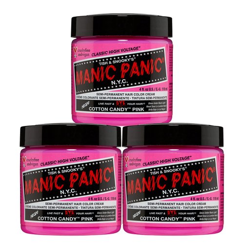 MANIC PANIC Cotton Candy Pink Hair Dye - Classic High Voltage - (3PK) Semi Permanent Hair Color - Glows in Blacklight - Bright, Cool-toned Pink Shade - Vegan, PPD & Ammonia-Free