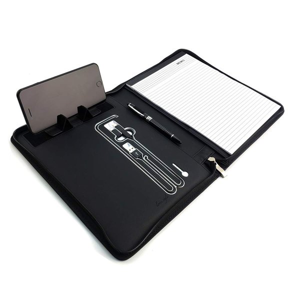 Phone Charging Business & Travel Portfolio w/Built-in Power Bank- Zipper Closure & Refillable Pad- Professional Organizer Padfolio That Charges Phones/Tablets on The Go (Black)