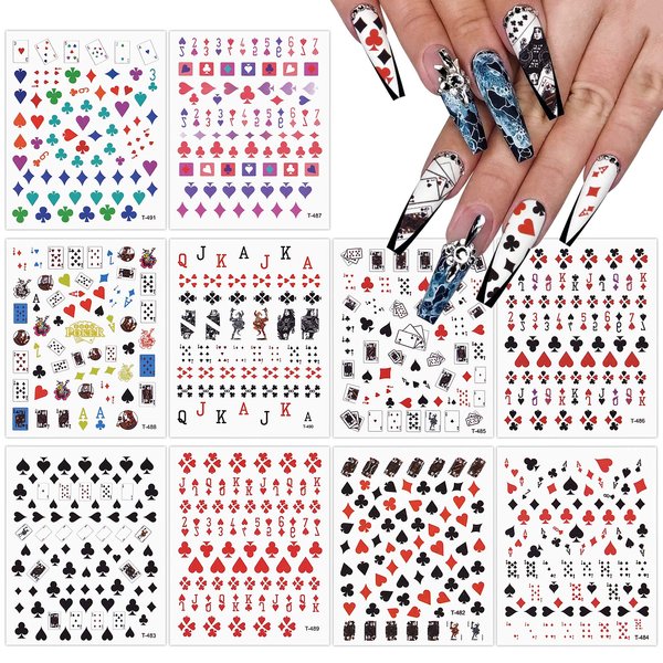 EBANKU 10 Sheets Poker Nail Art Stickers Decals, Playing Card Style Nail Stickers Numbers Letter Graphics Nail Accessories for Women Girls Nail Art DIY Design Decoration