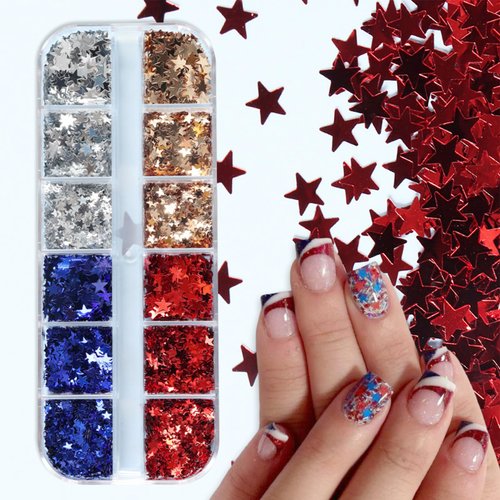 12 Grids Independence Day Glitter Nail Sequins 4th of July Star Glitter Red Blue Silver Holographic Five-Pointed Star Nail Glitter for Nail Glitter Flakes for Women Acrylic Nail Decoration Accessories