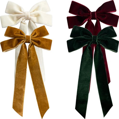 Jseng 4PCS Velvet Hair Bow for Women, Velvet Bow Hair Clips, Beige Khaki Burgundy Black Ribbon Bows for Hair Metal Clips