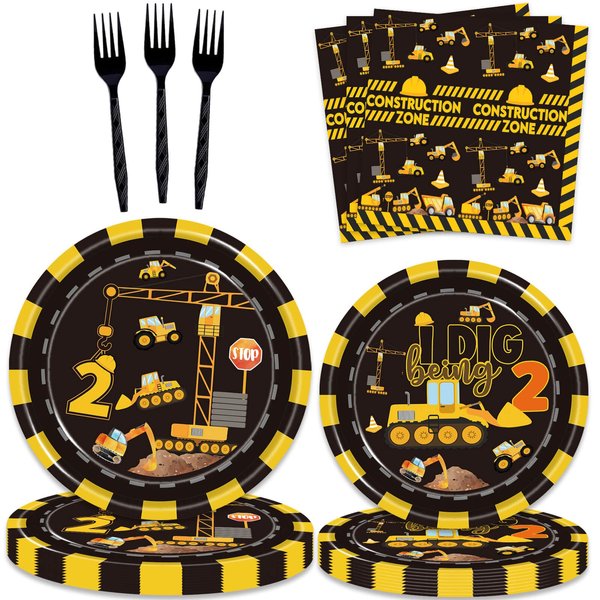 80 Pcs Construction 2nd Birthday Party Supplies Dump Truck Theme Two Decorations Tableware Includes Plates, Napkins, Forks for Boys Construction Two Years Old Birthday Party Decorations Favors