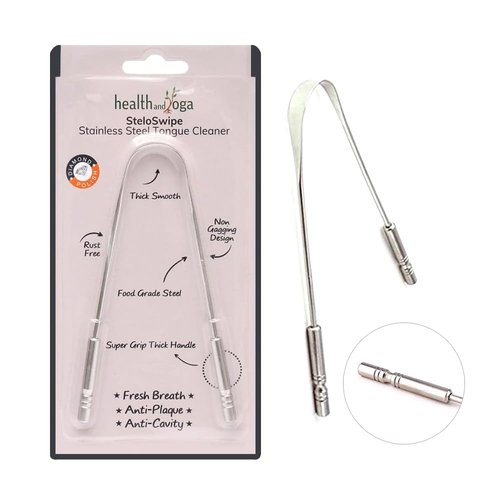 HealthAndYoga™ SteloSwipe Tongue Cleaner Scraper - Hygienic Seal-Pack - Surgical Grade Stainless Steel, Non-Synthetic Grip - Sterilizable Metal Tongue Scraper for Adults (1 Pack with Storage Bag)