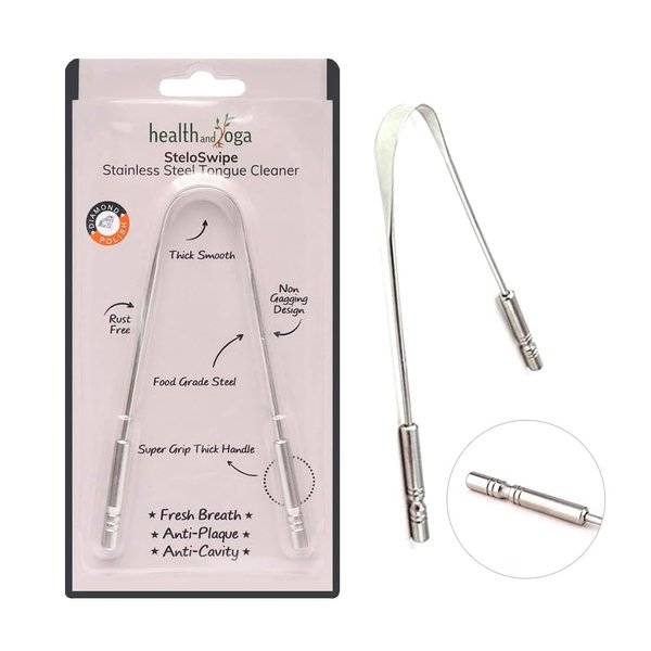 HealthAndYoga™ SteloSwipe Tongue Cleaner Scraper - Hygienic Seal-Pack - Surgical Grade Stainless Steel, Non-Synthetic Grip - Sterilizable Metal Tongue Scraper for Adults (1 Pack with Storage Bag)