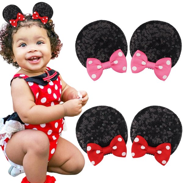 Ayesha Mickey Minnie Ears Hair Clips Mouse Ears for Toddler Girls Sequin Mouse Bows Barrettes Mice Ears Polka Dot Bows Mouse Hair Accessories for Baby Girls Toddler Kids Costume Party 4PCS