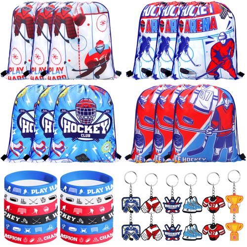 LSJDEER 36 PCS Hockey Party Favors Set Include 12 Hockey Drawstring Bag, 12 Hockey Silicone Bracelet, 12 Hockey Motivational Keychain for Ice Hockey Sports Party Birthday Gift Supplies