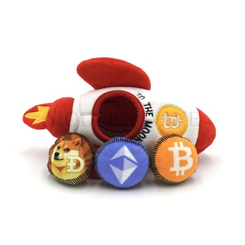 MODERN WAVE - Squeaky Plush Dog Toy Bitcoin Crypto - Interactive Hide and Seek Squirrel Type Puzzle Toy for Dogs, Small - Medium Size (Rocket and Coins)