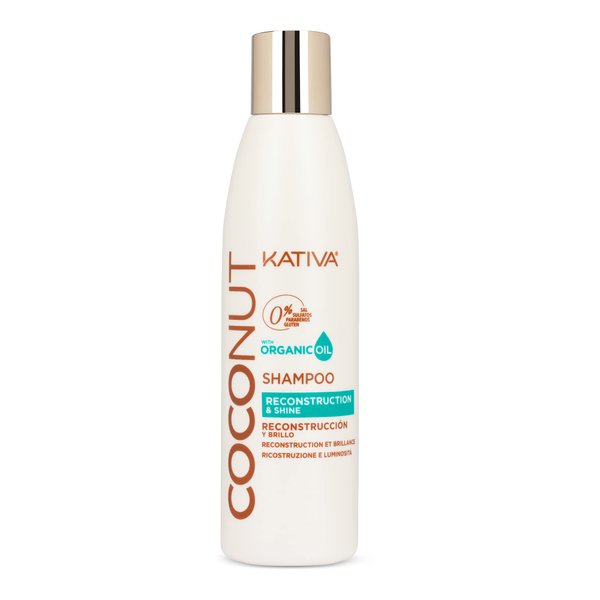 Kativa Coconut Oil Shampoo (250 ML), Kativa Coconut Line, Rebuilds and Repairs Hair, for Extremely Damaged, Sensitized, Dehydrated and Dull Hair, Salt Free, Sulfate Free, Gluten Free, Paraben Free