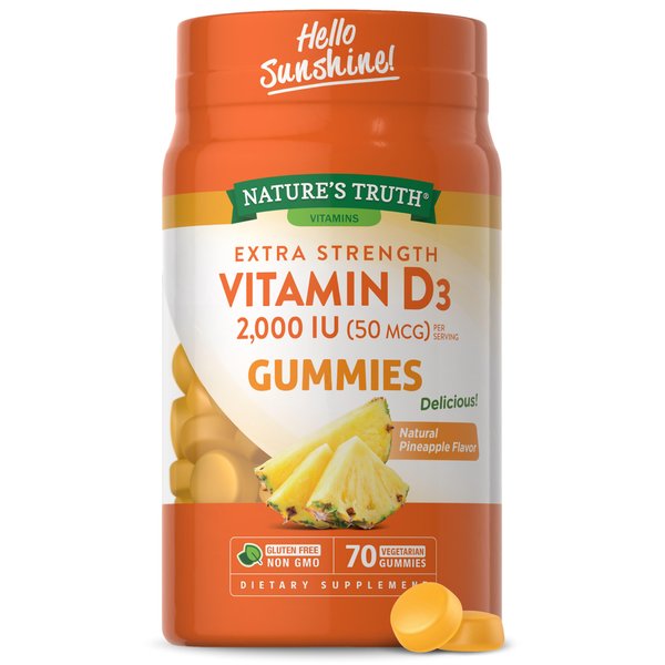 Nature's Truth Vitamin D3 Gummies | 2000 IU | 70 Count | Vegetarian, Non-GMO and Gluten Free Supplement | Pineapple Flavor
