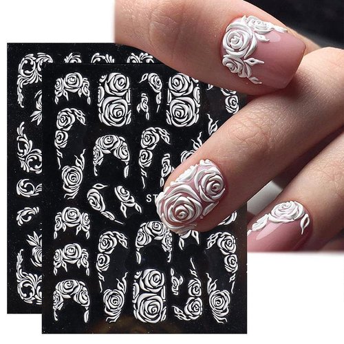 White Flower Nail Art Stickers Decals 5D Hollow Nail Stickers White Lace Rose Wedding Pattern Nail Art Supplies Self-Adhesive Luxurious Nail Art Decoration Acrylic Engraved Flower Nail Decal for Women Nail Accessories 4 Sheet