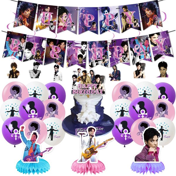 Generic Prince Singer Birthday Party Decorations, Rock Singer Theme Birthday Banner Honeycomb Centerpieces Hanging Swirls Party Latex Balloons for Fans Birthday Baby Shower Party Supplies