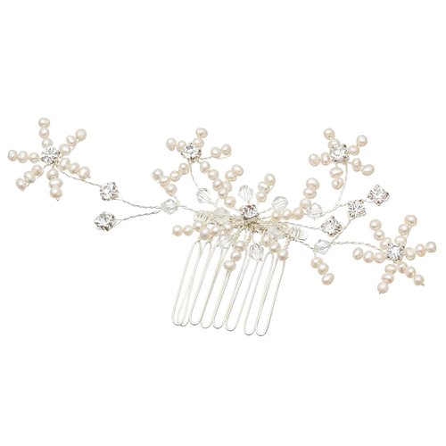 SAMKY Handmade Pearl Flower Rhinestone Crystal Bridal Wedding Tiara Hair Comb - Silver Plated FC016