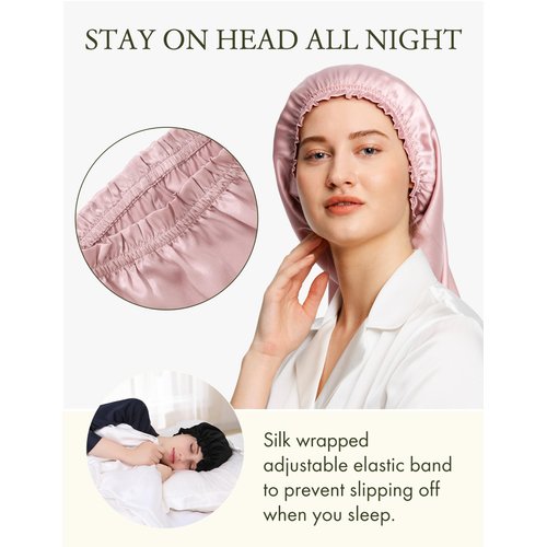 LilySilk Extra Long Silk Bonnet Sleep Cap for Women Soft Adjustable Hair Bonnet for Braids,Curly,Long Hair- Soft Elastic Band, Rosy Pink
