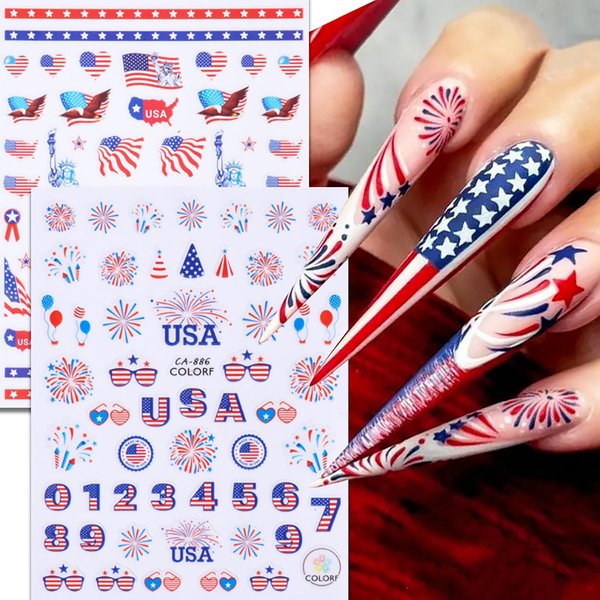 12 Sheets 4th of July Nail Stickers American Flag Patriotic Nail Design Stickers Independence Day Nail Decals 3D Self Adhesive Nail Art Supplies for Women Girls Nail Art Decorations Accessories
