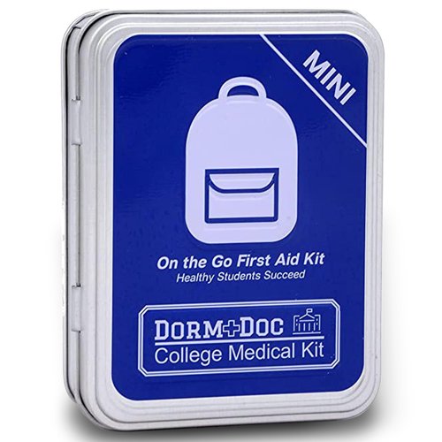 DormDoc Mini First Aid Kit Case Box - Compact Emergency Medical Kit for Students - OTC Aid Kit, Cream for Skin, Lip Balm, Patches/Bandages - Portable First Aid Supplies - 25 PCS