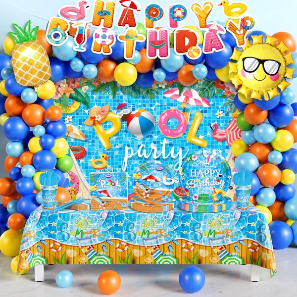 165Pcs Pool Party Decorations, Summer Beach Pool Themed Birthday Party Supplies with Dinnerware Plate Napkin Cup Balloon Kit Backdrop Tablecloth for Swim Water Bash Luau Tropical Hawaii Party Decor