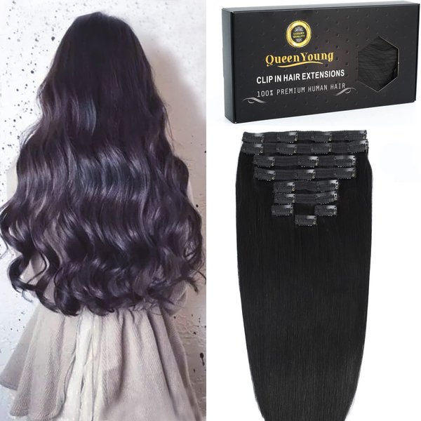 QueenYoung Clip in Hair Extensions Real Human Hair 9pcs 130g Jet Black Hair Extensions Straight Natural Soft Thick Remy Extensions Straight Clip in Hair Extensions Human Hair 22inch Jet Black Color