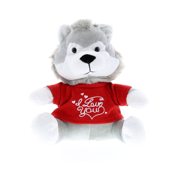 DolliBu I Love You Valentine Plush Grey Wolf - Cute Stuffed Animal with Red Shirt and Name Personalization Gift for Valentines Day, Birthday, Anniversary, Romantic Date - 6 Inches