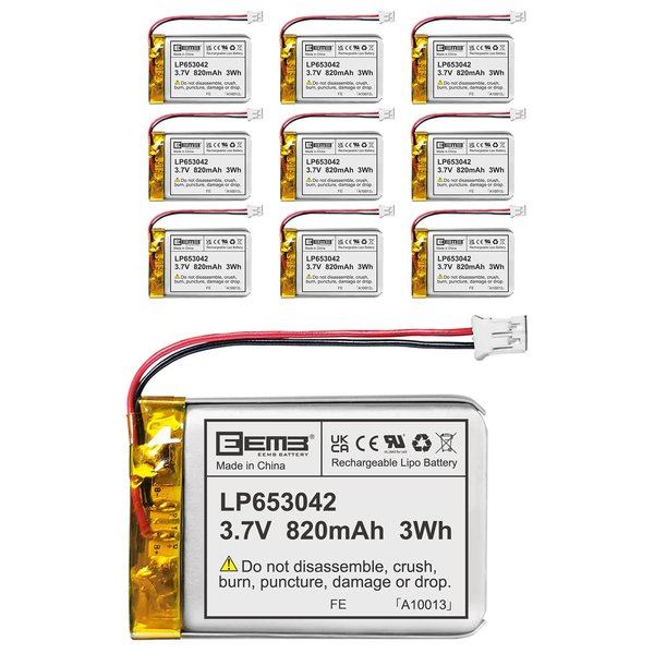 EEMB 10PACK Lithium Polymer Battery 3.7V 820mAh 653042 Lipo Rechargeable Battery Pack with Wire JST Connector for Speaker and Wireless Device- Confirm Device & Connector Polarity Before Purchase