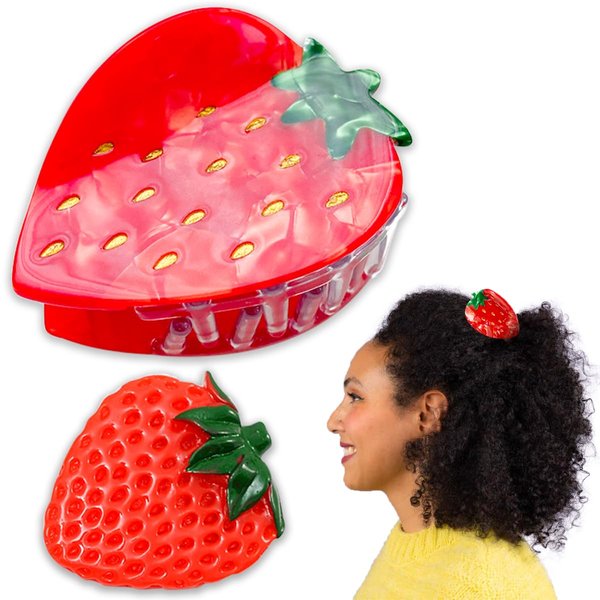 2 PCS Strawberry Claw Clips for Thin Hair, Strong Hold Hair Claws Non-slip Hair Catch Jaw Clamp, Cellulose Acetate Hair Jaw Barrettes Clips Sweet Shark Grab Clip Hair Accessories for Women and Girls