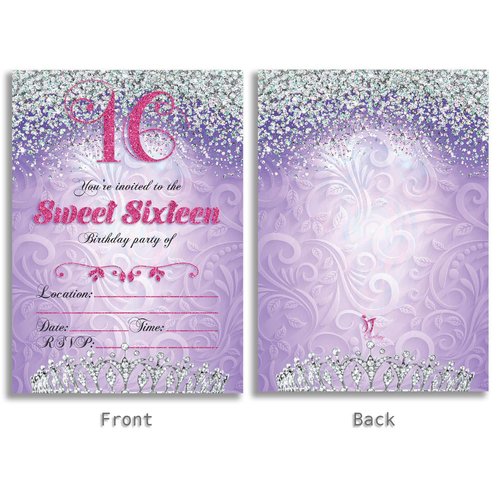 JT Studios Sweet 16 Sixteen Birthday Party Double Sided Purple Invitations, Set of 25 5x7 Girl's 16th Birthday Invitations includes Envelopes