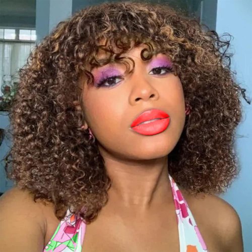 KESEN Human Hair Wig with Bangs 200 Density Curly Human Hair Wig Ombre Short Wigs Deep Curly Bob Wig with Bangs Highlight Blonde Glueless Wigs Human Hair 12Inch P4/30