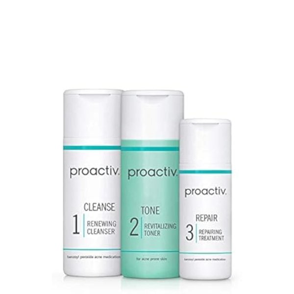 Proactiv 3 Step Acne Treatment - Benzoyl Peroxide Face Wash, Repairing Acne Spot Treatment for Face and Body, Exfoliating Toner - 30 Day Complete Acne Skin Care Kit
