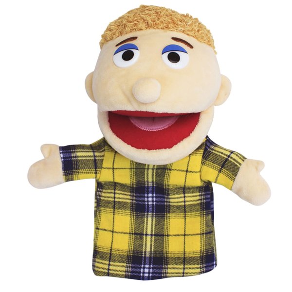 Lovely Family Hand Puppets Mouth Opening Plush Puppets Toys Role Playing Toys Puppets Children Storytelling Teaching Toy (Yellow Plaid Son, 30cm)