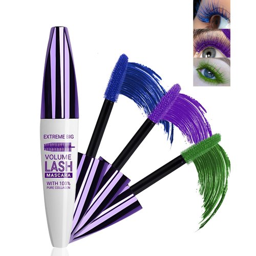 5D Colored Mascara for Eyelashes-3 Colors Blue Purple Green Longlasting Waterproof Colorful Volumizing Tubing Mascara Volume and Length, Voluminous Curling Fiber Mascara for Women Cosplay Eye Makeup