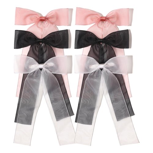 XFYUZR Bow Hair Clips for Women, Hair Ribbon Clip Bows With Long Tail Bowknot Hair Clips for Girls Teens Kids Big Bow Hair Barrettes Black White Tassel Hair Accessories (black white pink)