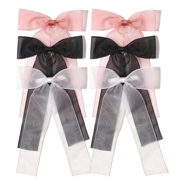 XFYUZR Bow Hair Clips for Women, Hair Ribbon Clip Bows With Long Tail Bowknot Hair Clips for Girls Teens Kids Big Bow Hair Barrettes Black White Tassel Hair Accessories (black white pink)