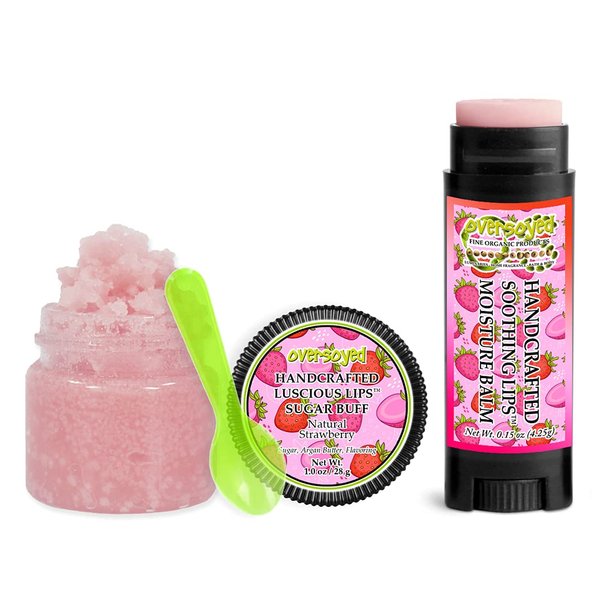 Natural Strawberry Soothing & Luscious Lips by OverSoyed Exfoliator & Chapped Lip Repair Lip Care Combo | Artisan Handcrafted to Order Sweet Juicy Strawberry Flavored Exfoliating Sugar Lip Scrub & Lip Moisturizer Balm Gift Set