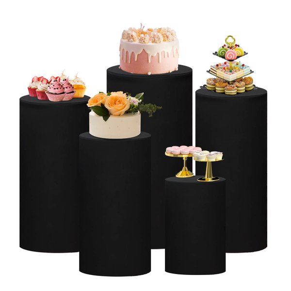 Set of 5 Spandex Cylinder Pedestal Stand Covers Black Round Cylinder Tables Covers Cylinder Plinth Display Box Stand Covers for Party Wedding Baby Shower Birthday Decor (Cylinder Stands not included)