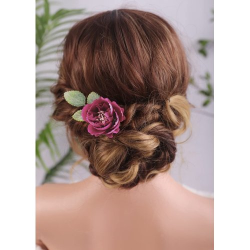 Aimimier Bridal Flower Hair Pins Burgundy Flower Green Leaf Hair Piece Boho Wedding Bridesmaid Hair Accessories