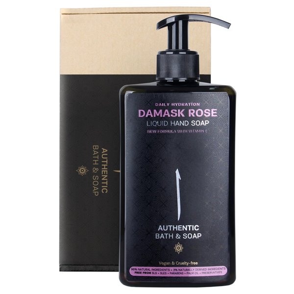 AUTHENTIC BATH & SOAP Natural - Damask Rose Oil Liquid Hand Soap - Hydrating for All Skin Types, with Vitamin E, Cruelty Free, Vegan, Biodegradable, Sulfate Free, Palm Oil Free 16.9 Fl Oz