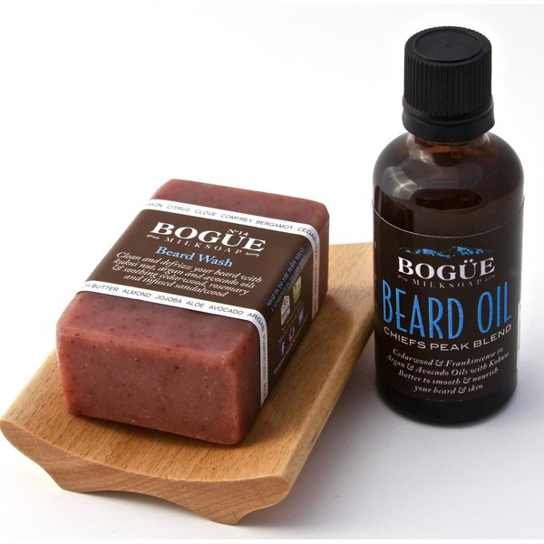 Bogue Milk Soap -Beard Grooming Giftset- Chiefs Peak Blend Beard Wash 3.2oz & Oil 1.7oz Clean & Defrizz w Avocado, Argan, Vitamin E & Pumpkinseed oils W Soothing Cedarwood & Rosemary for Beard & Skin