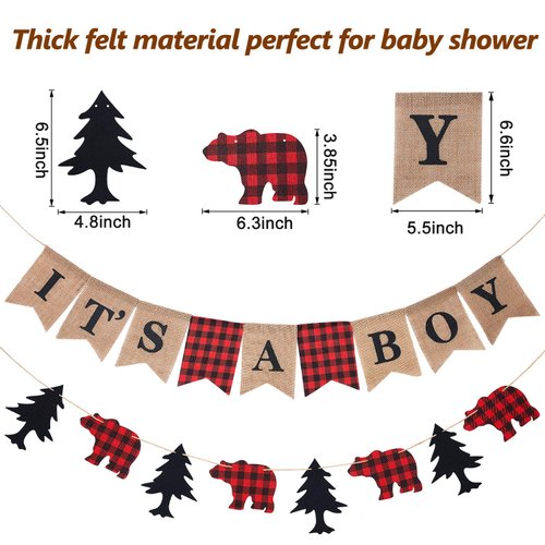 3 Pieces Lumberjack Baby Shower Banner Lumberjack Theme and It's a Boy Banner Garland Buffalo Plaid Woodland Animal Camping Banner for Baby Shower Kid Birthday Hunting Party Supplies Decoration