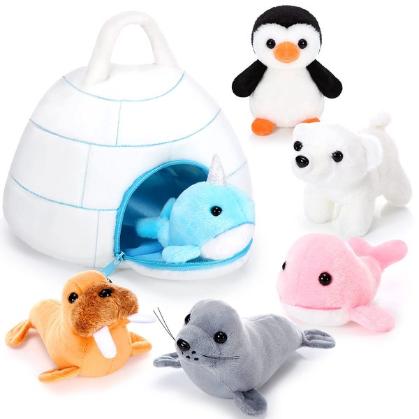 Hungdao 7 Pcs Polar Plush Toys Set Stuffed Polar Bear Walrus Penguin Whale Narwhal Seal Polar Stuffed Animals with Igloo Ocean Animal Plushies for Kids Toddlers Birthday Christmas New Year Gifts