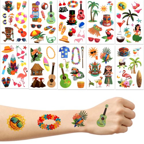 LOMIMOS 80pcs Hawaiian Luau Themed Temporary Tattoos,Tropical Summer Beach Pool Party Sticker for Kid Adult (10 Sheets)