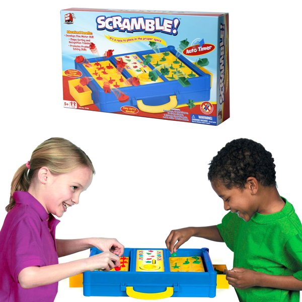 MUKIKIM Scramble - Shape Matching Family Board Game! Sorting Shapes Fast Before The Time is Up & Pieces Pop Out! Play Solo/with Friends. 12-Shape Junior Version Plates Included!